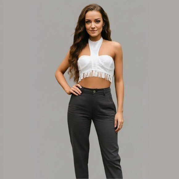 Bustier Top – Club Exx – Iridescent White – Sequin Halter w/ Fringe & Open Back - Picture 1 of 3
